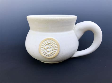 Extra-Large white stoneware pottery mug- matte white glaze (XL 16 oz), Om stamp, ammonite spiral ...