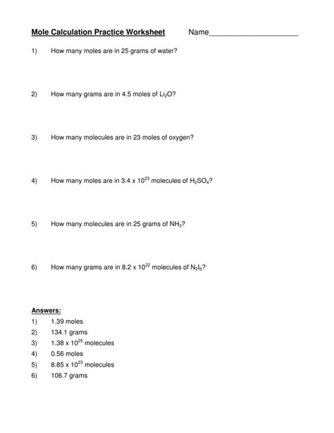 Worksheets Mole Problems