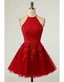 Red Short Halter Lace Tulle Homecoming Dress C5705R - GemGrace.com
