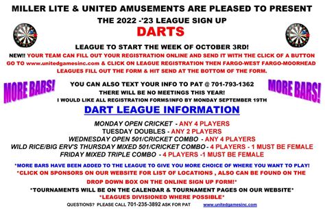 United Amusements - DART LEAGUE SIGNUP-Dart League Registration