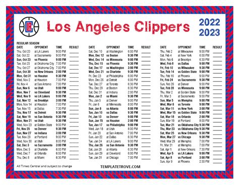 Printable 2022-2023 Los Angeles Clippers Schedule