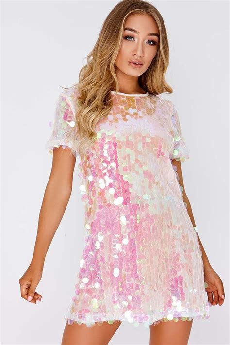 DARCELL WHITE IRIDESCENT SEQUIN T SHIRT DRESS | Sequin t shirt dress, Pretty dresses, Iridescent ...