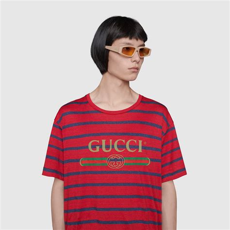 Red / Blue Linen Gucci Logo Striped T-Shirt | GUCCI® UK