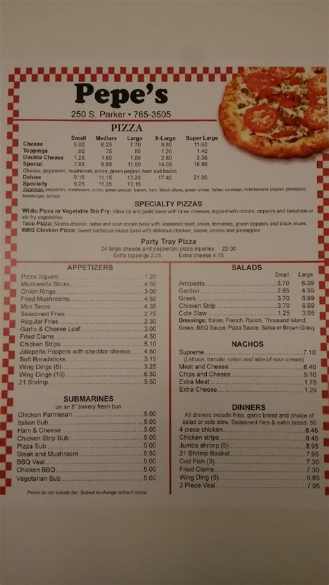 Menu at Pepe's Pizza pizzeria, Marine City