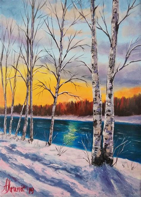 Oil painting, 25x35cm Winter Sunset, Oils, Oil Paintings, Outdoor ...