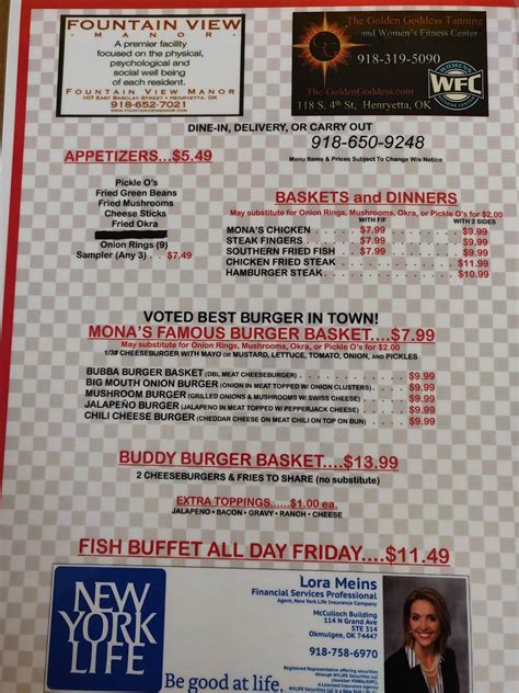 Menu at Mona’s Rose of Sharon Restaurant, Henryetta