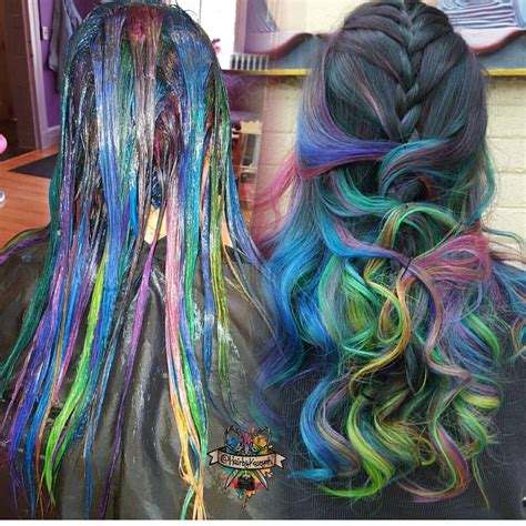 Mermaid hair color by @hairbykoh Rainbow hair color www.instagram.com/hotonbeuty Braids Rainbow ...