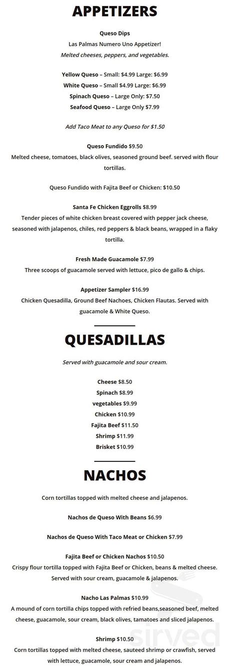 Menu - Prairieville LA's Las Palmas Mexican Restaurant | Sirved