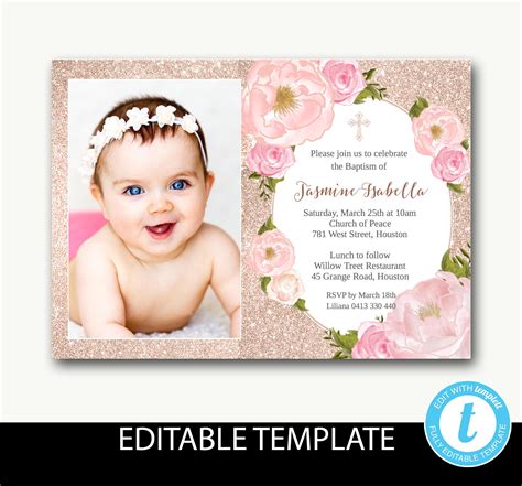 Girl Baptism Invite with Photo Blue Flowers Baptism Invite Printable Baptism Invite with Photo ...