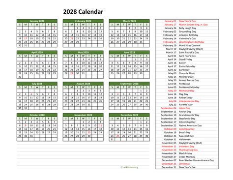 2028 Calendar with US Holidays | WikiDates.org