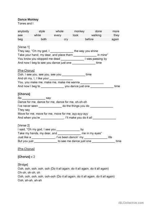 Dance Monkey - lyrics song and nurse…: English ESL worksheets pdf & doc