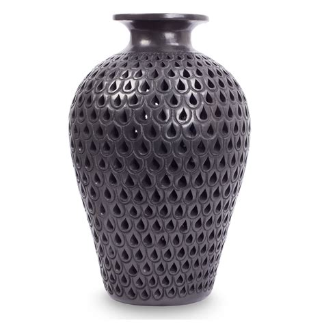 Incised Black Pottery Vase from Mexico - Black Peacock | NOVICA