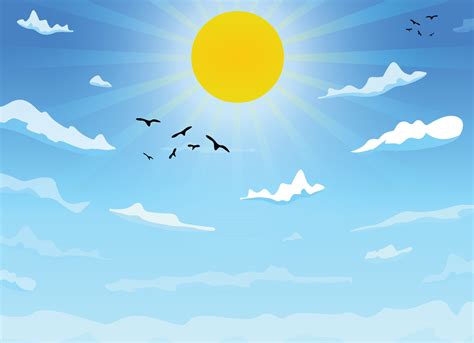 Vector day landscape cartoon sky clouds, crow, sun and sun rays ...