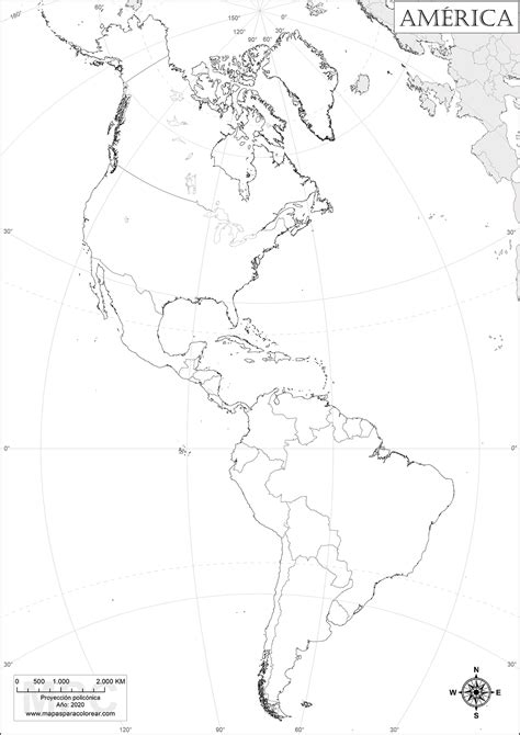 Mapas de Américas (norte, sur, central) para colorear