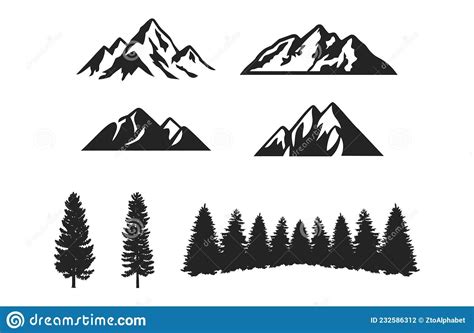 Pine Tree Mountain Silhouette Clipart Set Stock Vector - Illustration of climbing, hill ...