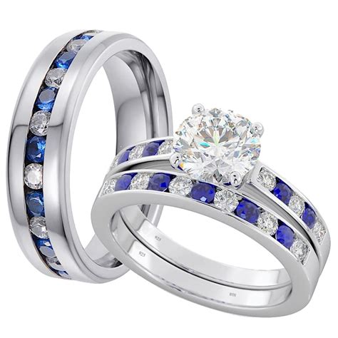 His and Hers Matching Blue Sapphire Wedding Couple Rings Set