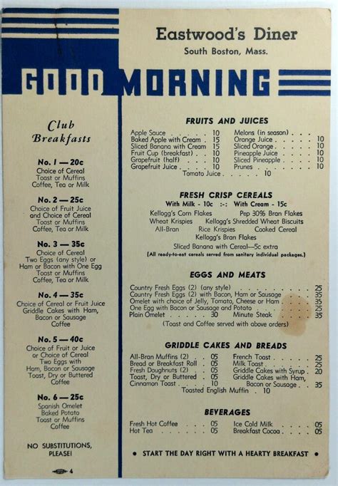 1930's Original Menu EASTWOOD'S DINER Restaurant South Boston Massachusetts | Diner menu, Diner ...