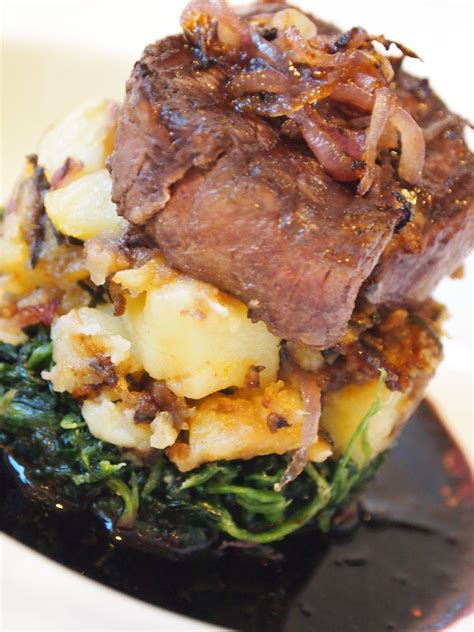 Black Angus Beef with herb roasted potatoes, cream garlic spinach and a red wine jus | Herb ...