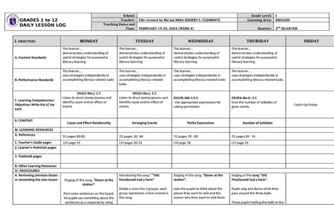 DLL English 1 Q3 W4 - WEEK 4 - GRADES 1 to 12 DAILY LESSON LOG School: Grade Level: I Teacher ...