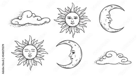 Hand drawn celestial elements. Sun, crescent moon with face and clouds. Sketch style mystical ...