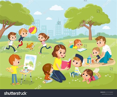 Parents Kids Park Mum Reading Book Stock Vector (Royalty Free ...