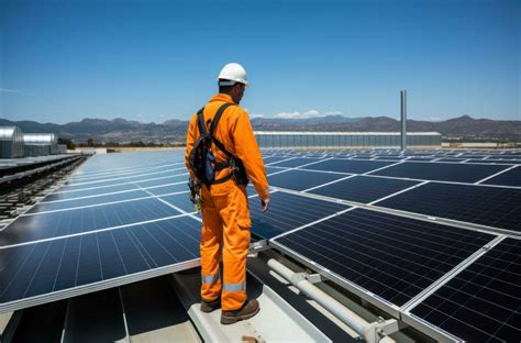 Technician installing solar panels on rooftop roof 29213423 Stock Photo ...