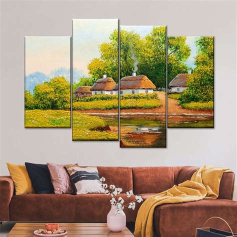 Rural Village By The River Wall Art | Painting