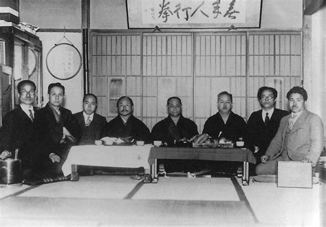 Masters of karate in Tokyo (c. 1930s) Kanken Toyama, Hironori Otsuka, Takeshi Shimoda, Gichin ...