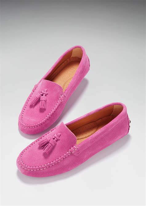 Women's Tasselled Driving Loafers, pink suede - Hugs & Co.