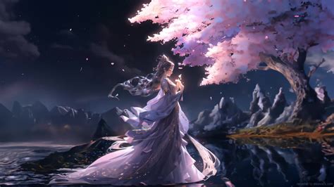 Fantasy Girl Cherry Blossom Live Wallpaper - MoeWalls