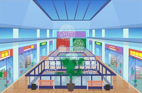 Premium Vector | Shopping Mall Interior with plants and benches, modern boutiques in mall