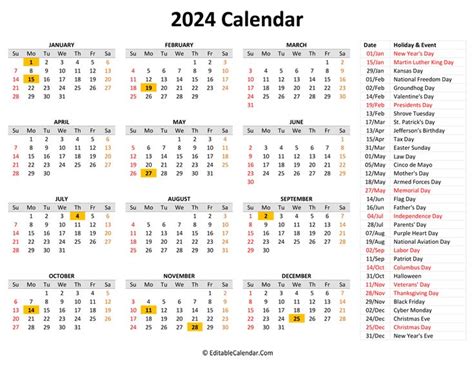 2024 Printable Calendar with Holidays | Calendar printables, Free printable calendar templates ...