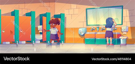 Happy schoolgirls using school toilet Royalty Free Vector