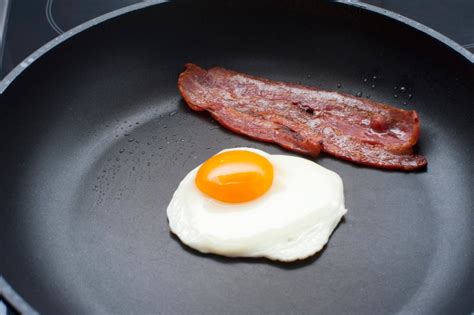 Fried egg and bacon in a pan - Free Stock Image