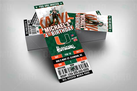 Miami Hurricanes Ticket Style Sports Party Invitations – Sports Invites