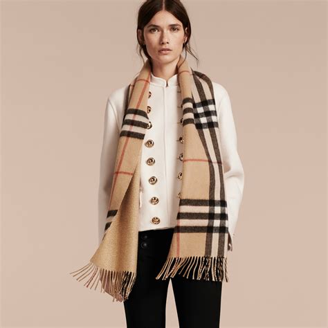 Reversible Metallic Check Cashmere Scarf in Camel | Burberry United States