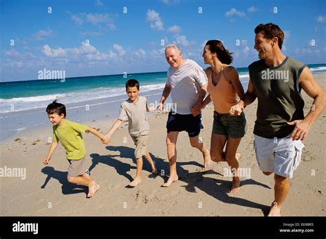 Caucasian family holding hands on beach Stock Photo - Alamy