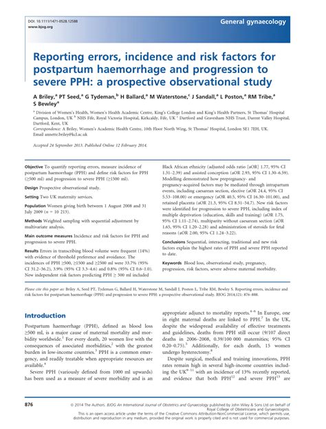 (PDF) Reporting errors, incidence and risk factors for postpartum haemorrhage and progression to ...