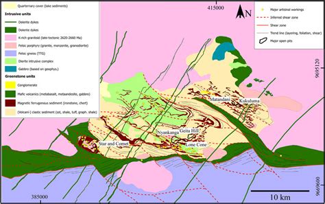 Geological map of the Geita Greenstone belt showing the location of the... | Download Scientific ...