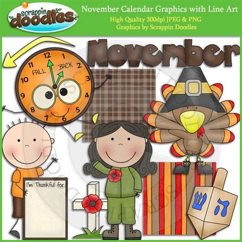 Items similar to November Calendar Clip Art with Line Art Download on Etsy