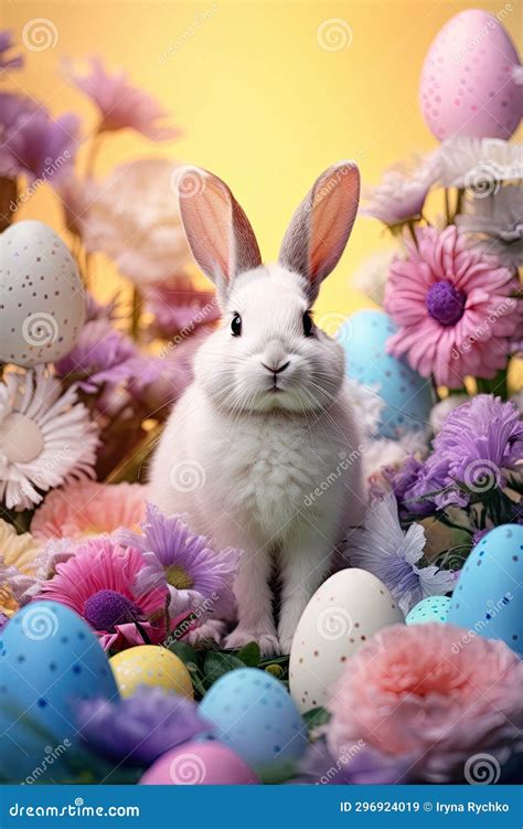 Colourful Flowers and Bunny on Pastel Background. Easter Background ...