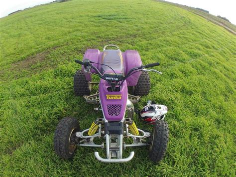 a purple four wheeler parked on top of a lush green field