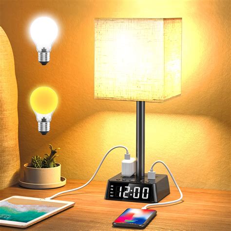 Table Lamp - Bedside Lamps with 4 USB Ports and 2 Power Outlets, Alarm Clock Base w/ 6Ft ...