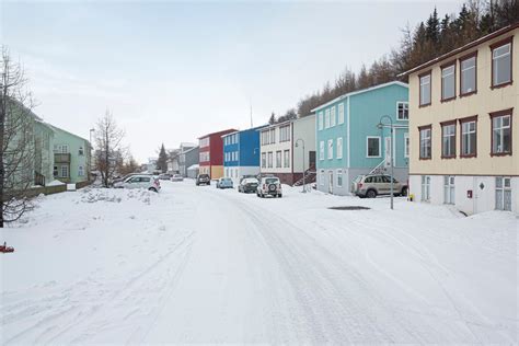 Snowy street scene in Akureyri