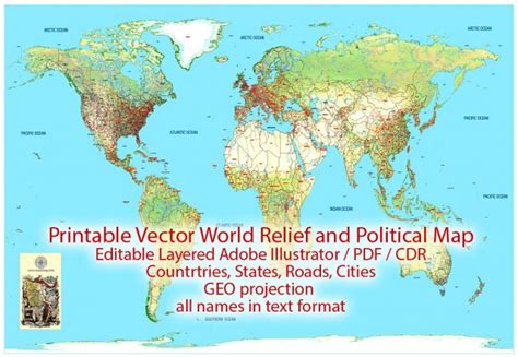 World Relief Political Vector Map: PDF and Adobe Illustrator