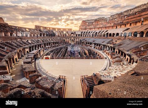 Scenic view of Roman Colosseum interior at sunset, Rome, Italy Stock ...