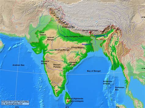 India and Sri Lanka Physical Map - A Learning Family