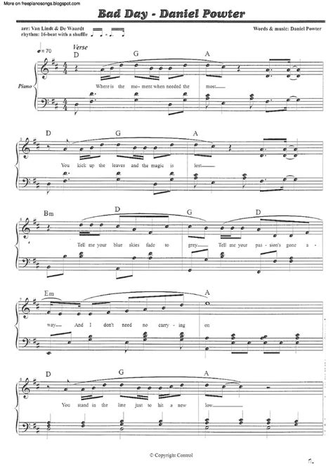 DANIEL POWTER BAD DAY PIANO SHEET MUSIC PDF