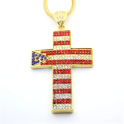 New Crystal Puerto Rico flag Cross pendant Hip hop Necklace Jewelry ...