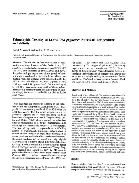 (PDF) Trimethyltin toxicity to larval Uca pugilator: Effects of temperature and salinity